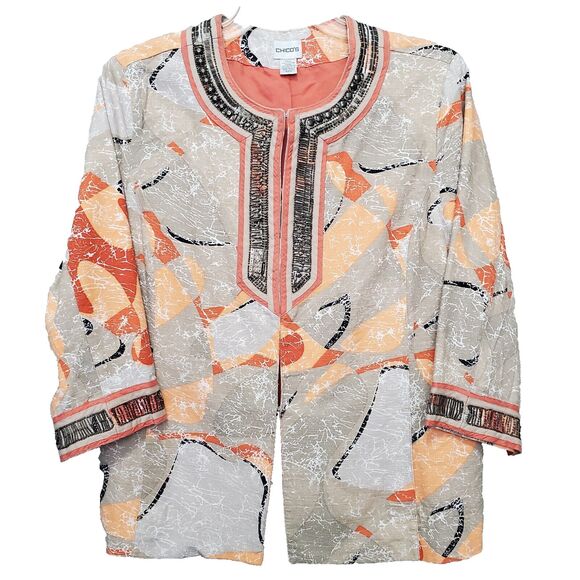 CHICO'S Vintage 100% Cotton Embellished Beaded Abstract Print Blazer Size 3 (XL) - Picture 1 of 9